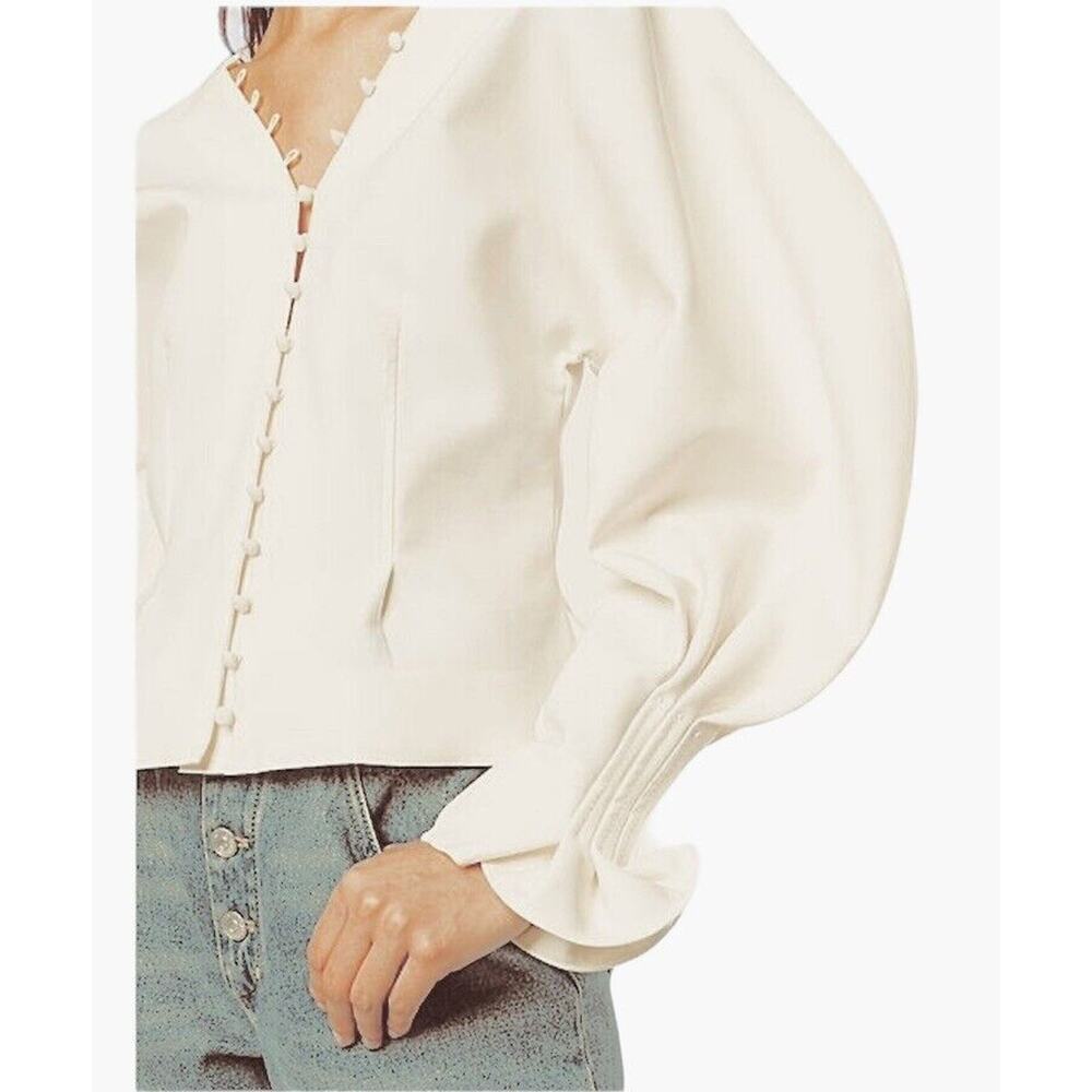 Cream V-Neck Loop & Button Front Balloon Pleated Cuff Sleeve Crop Blouse Med - Picture 2 of 11